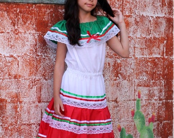 Girl's Traditional Dress Mexico Red | Folkloric Girls Ribbon Dress | Made in Mexico