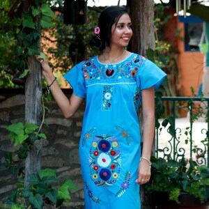 Mexican Dress Puebla Aqua W/ Multicolored Embroidery - Etsy