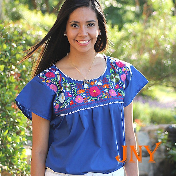 Mexican Puebla Blouse Floral Hand Embroidered Design- Royal Blue with Multi