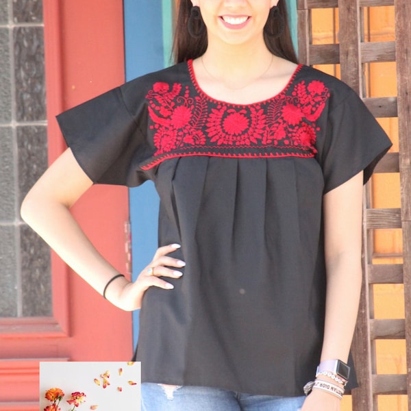 Mexican Hand Embroidered Solid Blouse - Black with Red Floral Embroidery, Traditional Puebla Style