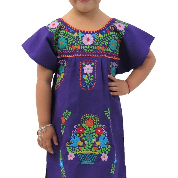 Girl's Mexican Dress Puebla Purple Hand Embroidered | Multicolored Floral Embroidery