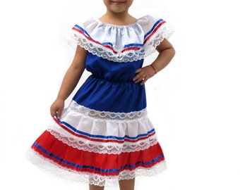 Ethnic Puerto Rican Boricua, Dominican, Costa Rican Red, Blue and White Colored Girls Dress