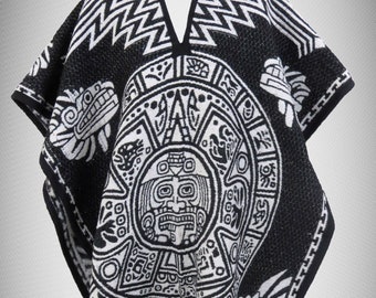 Traditional Mexican Poncho Pancho Aztec Calendar Unisex Reversible Cobija Blanket Gaban (Black)