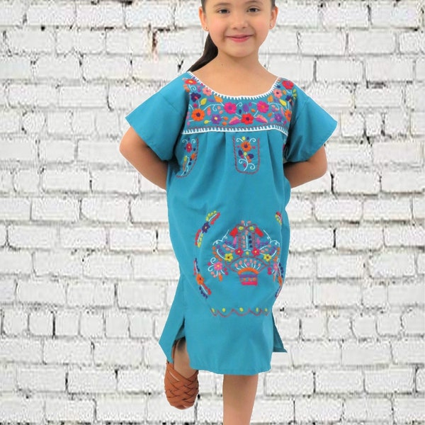 Girl's Mexican Dress Puebla Teal Green Hand Embroidered | Multicolored Floral Embroidery