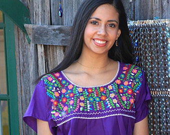 Mexican Puebla Blouse Floral Hand Embroidered Design- Purple with Multi