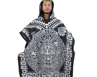 Handmade Mexican Poncho Gaban with Hoodie Aztec Calendar Design Unisex One Size