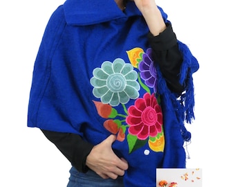 Handmade Mexican V-Neck Collar Shawl for Women - Embroidered Floral Designs | Multicolored