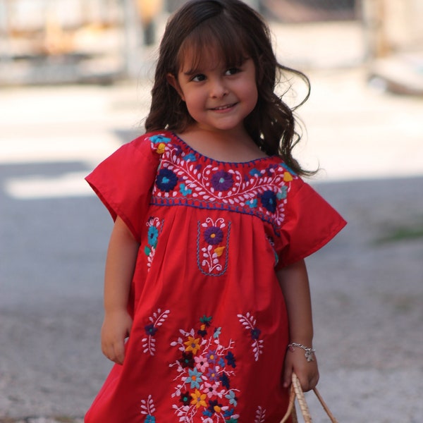 Girl's Mexican Dress Puebla Red Handmade Multicolored Floral Embroidery