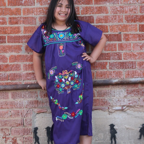 Mexican Dress Puebla Purple w/ Multicolored Embroidery