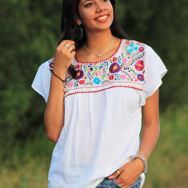 Traditional Ethnic Mexican Campesina Peasant floral blouse | Handmade Multicolored Floral Embroidery