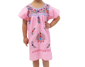 Girl's Mexican Dress Puebla Soft Pink Hand Embroidered | Multicolored Floral Embroidery
