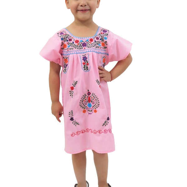 Robe mexicaine fille Puebla rose pâle brodée à la main | Broderie florale multicolore