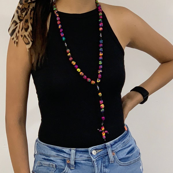 Traditional Mexican Handmade Multicolor palm rosary, Religious catholic/Christian colorful Rosario necklace - Made in Mexico