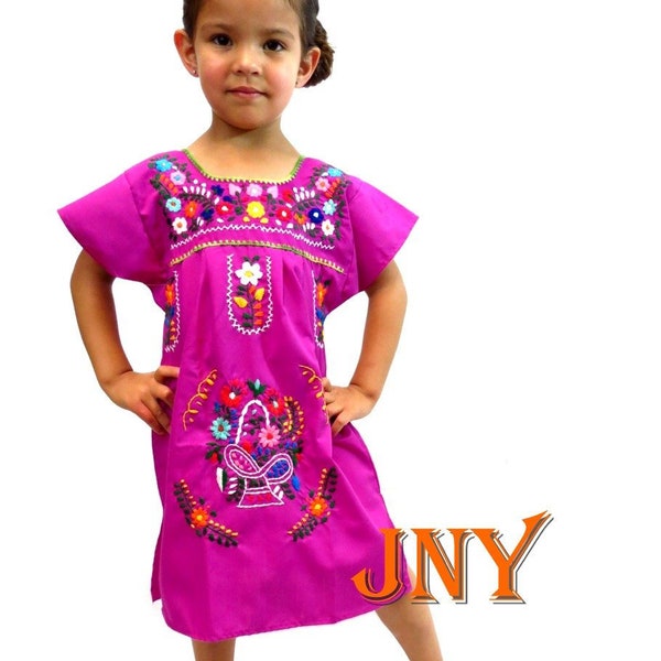 Girl's Mexican Dress Puebla Electric Purple l Hand Embroidered | Multicolored Floral Embroidery