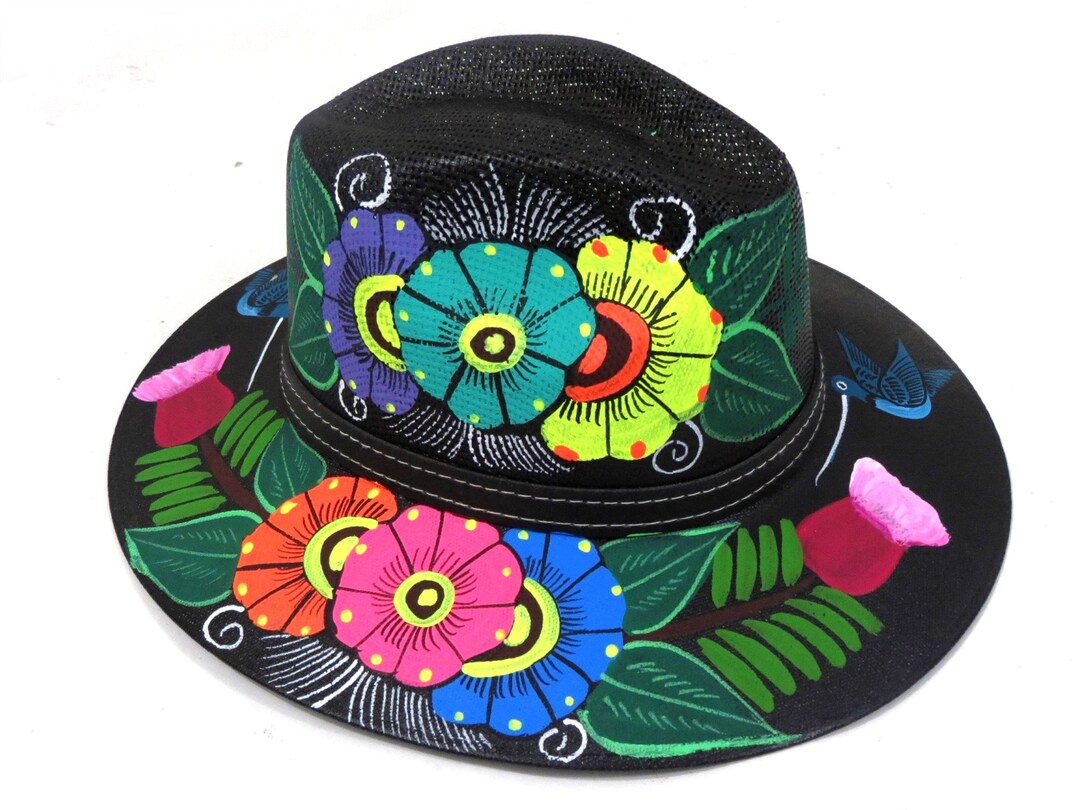 Hand Painted Mexican Art Straw Hat Black Unique Designs Made in Mexico