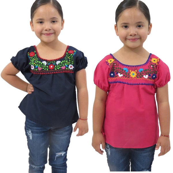 Hand-Embroidered Mexican Puebla Blouses for Girls | Floral Embroidery