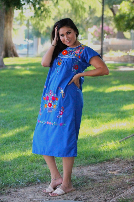 Mexican Dress Puebla Royal Blue W/ Multicolored Embroidery 