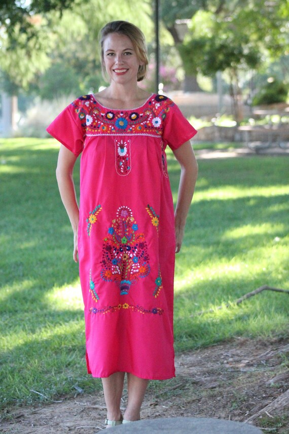 Mexican Dress Puebla Hot Pink W/ Multicolored Embroidery -  Israel