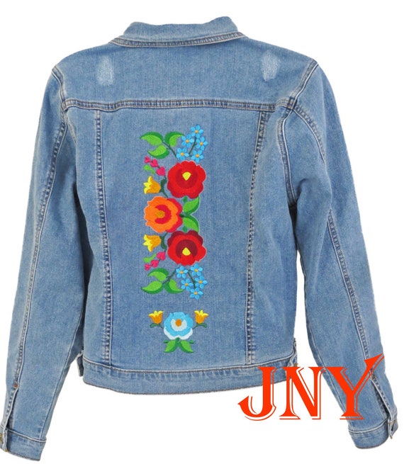 Women Denim Jacket Coat Floral Embroidery Casual Slim Outwear Vintage Blue  Embroidered Jeans Jacket
