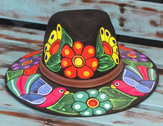 Hand Painted Mexican Art Straw Hat Black | Etsy