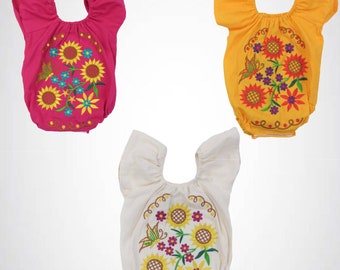 Mexican Embroidered Sunflower Girasol Baby Onesie Bodysuit for Girls