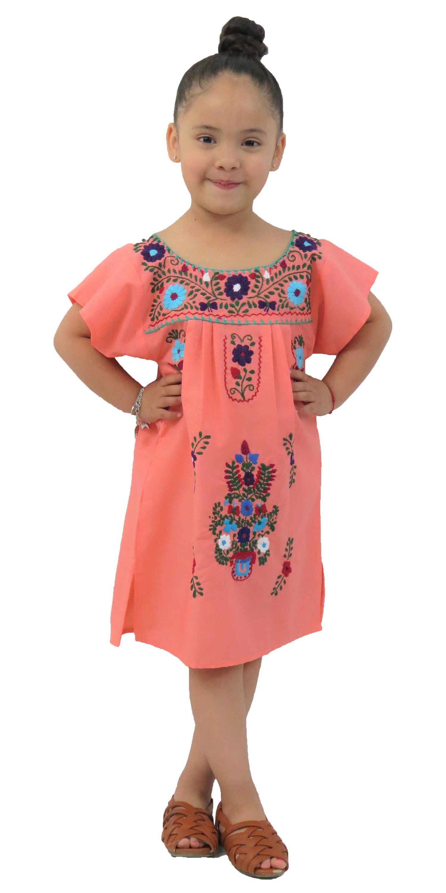 Buy Girl's Mexican Dress Puebla Peach or Coral Hand Embroidered  Multicolored Floral Embroidery Online in India 