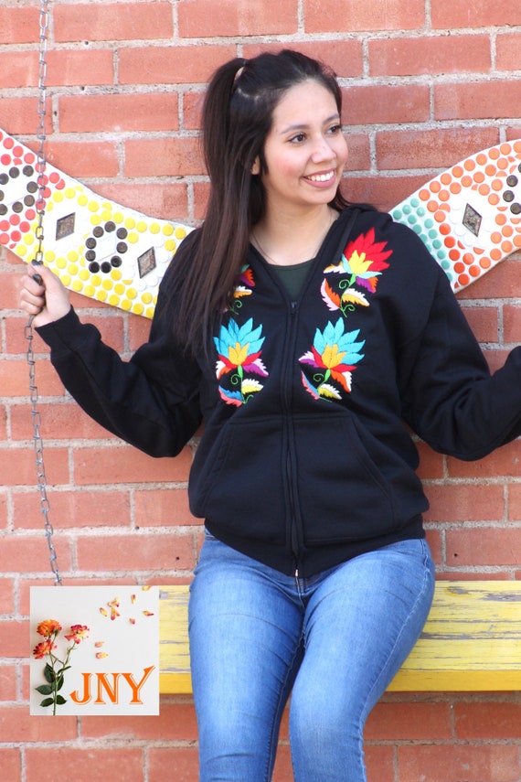 Hand Embroidered Black Floral Design Mexican Hoodie With - Etsy Canada
