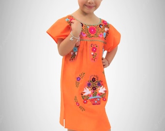 Girl's Mexican Dress Puebla Orange l Hand Embroidered | Multicolored Floral Embroidery