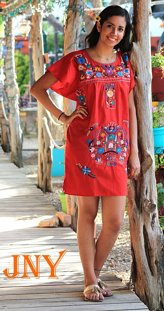 Mexican Puebla Short Mini Dress in Red Multicolored Floral Embroidery Made  in Mexico Sizes S-XL 
