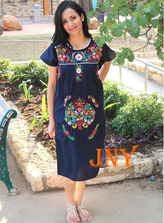 Mexican Dress Puebla Navy Blue With Multi Colored Embroidery -  Canada