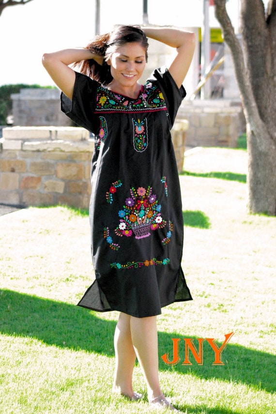 Mexican Dress Puebla Black W/ Multicolored Embroidery -  Canada