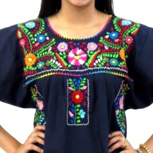 Mexican Dress Puebla Navy Blue With Multi Colored Embroidery - Etsy