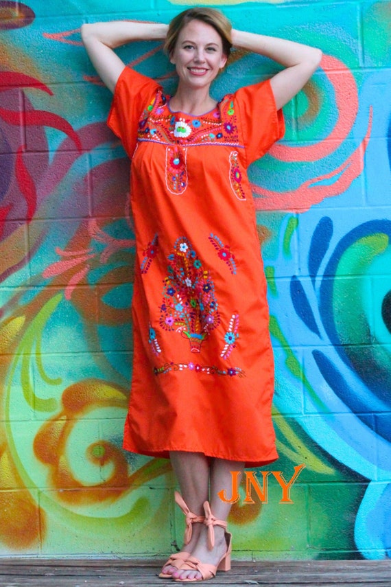 Mexican Dress Puebla Orange W/ Multicolored Embroidery 