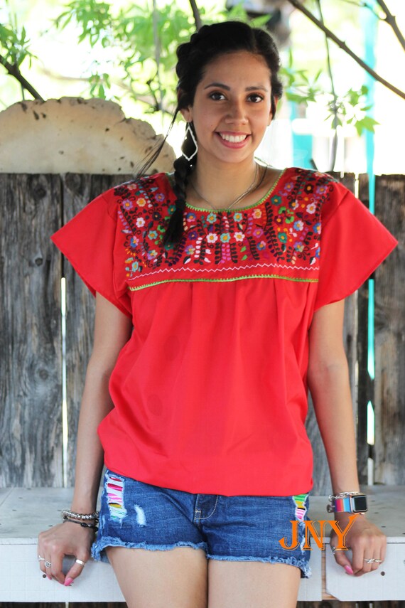 Blusa Puebla Floral Diseño Bordado a Mano Rojo con Etsy