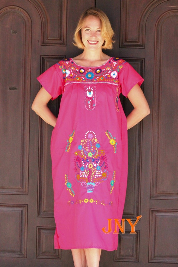 Mexican Dress Puebla Hot Pink W/ Multicolored Embroidery 