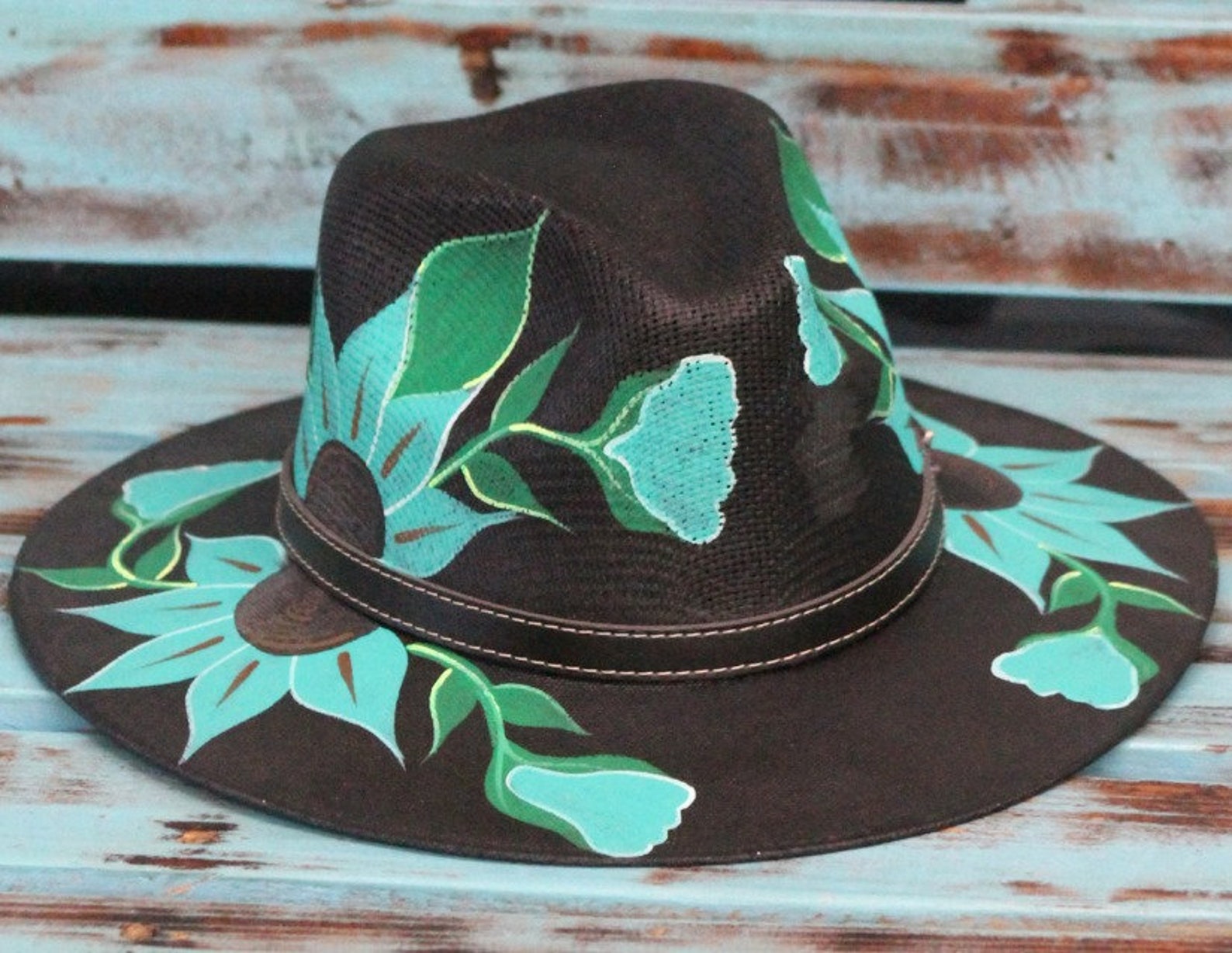 Hand Painted Mexican Art Straw Hat Black - Etsy