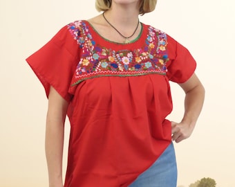 Mexican Puebla Blouse Floral Hand Embroidered Design- Red with Multi