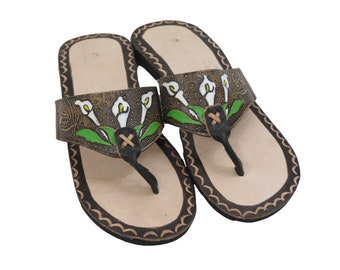 Sandales Calla Lilly mexicaines traditionnelles faites main | Chanclas mexicaines | Fabriqué en cuir et en caoutchouc