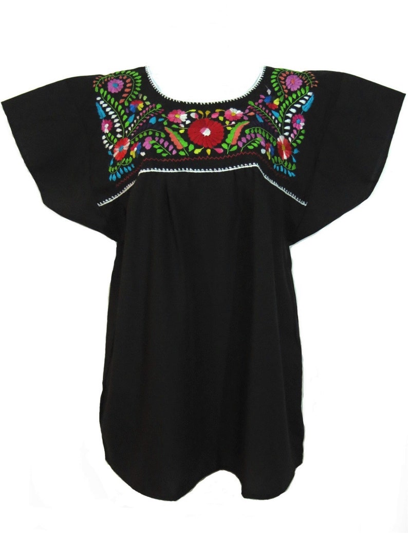 Mexican Puebla Blouse Floral Hand Embroidered Design Black - Etsy