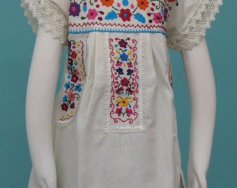 Girl's Mexican Long Blouse Bluson Off White | Hand Embroidered | Lace Short Sleeves