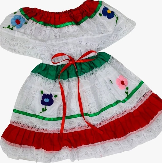 Vestido Mexicano Flor para Niñas Tricolor Rojo Blanco Verde - Etsy España