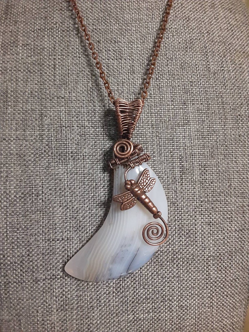 Boho style Artisan handmade jewelry Dragonfly Necklace Crescent Moon Dragonfly Moon Agate and Copper wire wrapped pendant