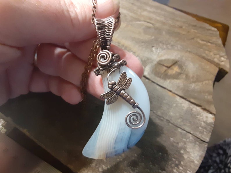 Boho style Artisan handmade jewelry Dragonfly Necklace Crescent Moon Dragonfly Moon Agate and Copper wire wrapped pendant