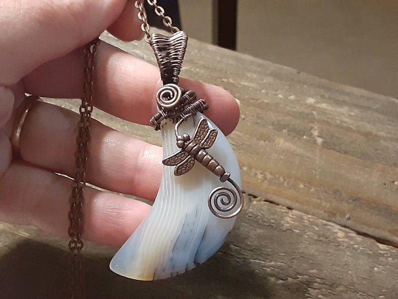 Boho style Artisan handmade jewelry Dragonfly Necklace Crescent Moon Dragonfly Moon Agate and Copper wire wrapped pendant