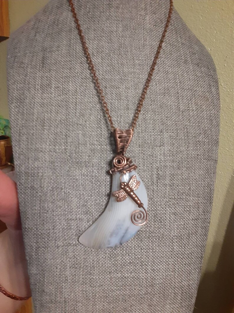Boho style Artisan handmade jewelry Dragonfly Necklace Crescent Moon Dragonfly Moon Agate and Copper wire wrapped pendant