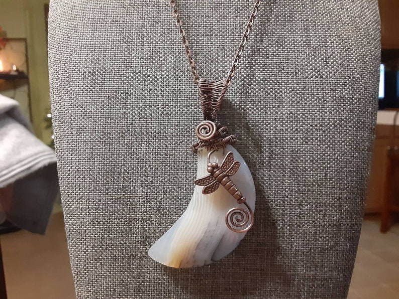 Boho style Artisan handmade jewelry Dragonfly Necklace Crescent Moon Dragonfly Moon Agate and Copper wire wrapped pendant