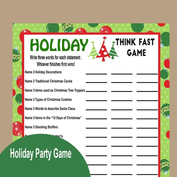 Holiday Trivia Game 2023, Think Fast Game, Holiday Printable Games, Fun Christmas Game, Zoom Game, Holiday Teen Game,Instant Download