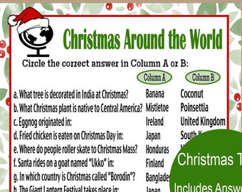 Può includere: Un gioco di quiz di Natale stampabile con un bordo verde e rosso. Il gioco pone domande sulle tradizioni natalizie di tutto il mondo. Il titolo è "Christmas Around the World".