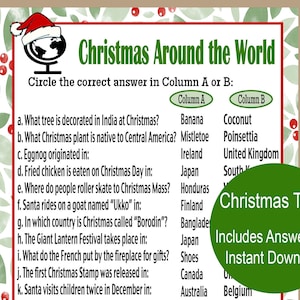 以下が含まれることがあります： 緑と赤の縁取りのある印刷可能なクリスマス・トリビアゲーム。世界中のクリスマスの伝統に関する質問が出題されます。タイトルは「クリスマス・アラウンド・ザ・ワールド」です。