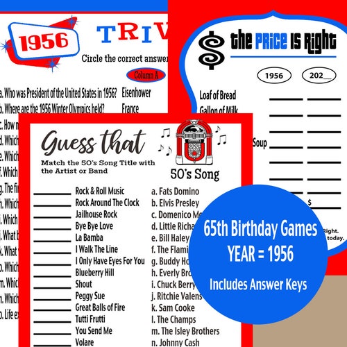 65th Birthday Party Games Printable Born in 1958 1950s Game Etsy